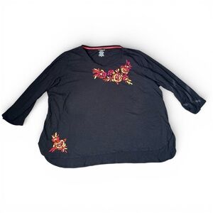 Westbound Black Embroidered 3/4 Length Sleeve Tunic Top Shirt High Low 2X